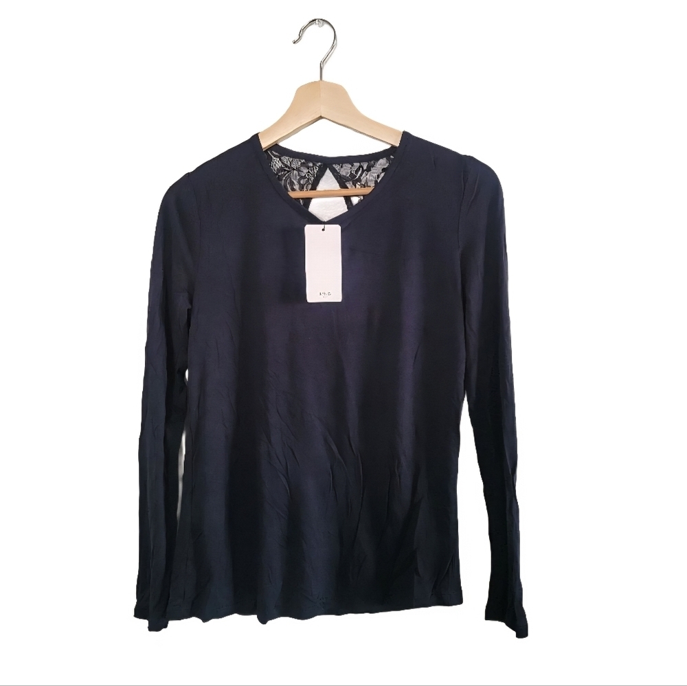 🎈NWT MANGO Deep Blue Long Sleeve Top with Lace Back